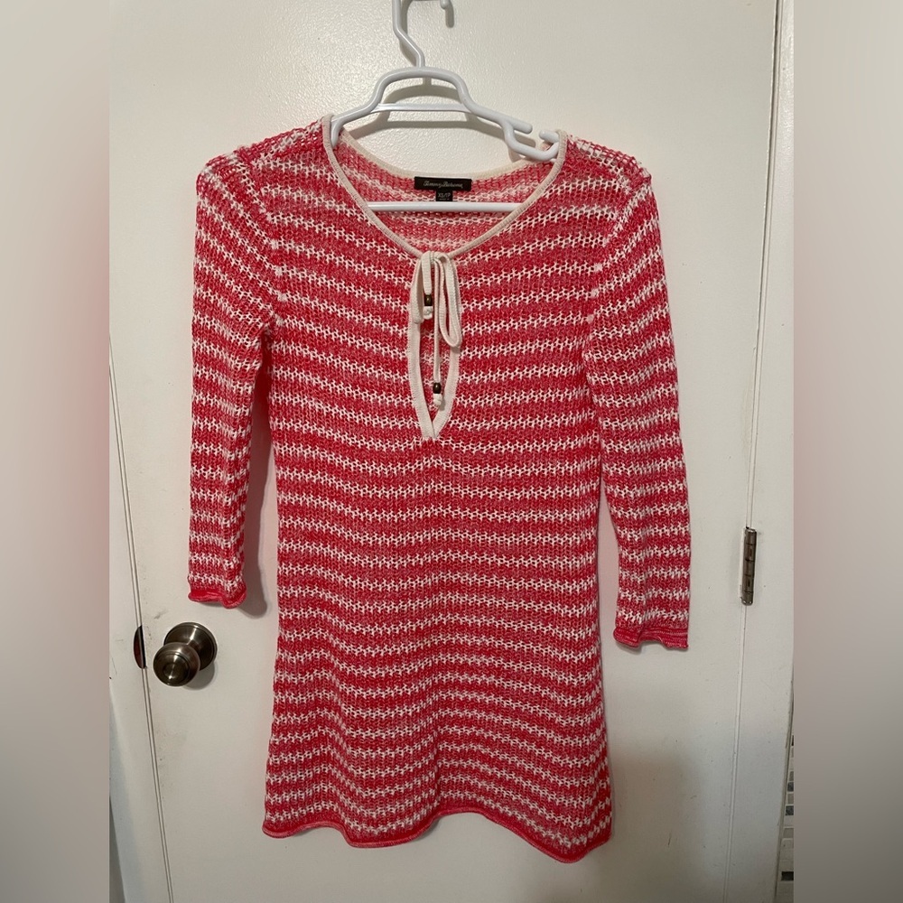 Tommy Bahama long sleeve pullover knit pink white stripe linen blend cover up XS